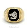 Black Onyx Horse Head Ring with Grooved Sides in 14k Yellow & White Gold - Thumbnail 1