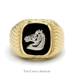 Black Onyx Horse Head Ring with Grooved Sides in 14k Yellow & White Gold