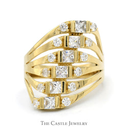 Multi Row Round & Square Cut Cubic Zirconia Ring in 14k Yellow Gold