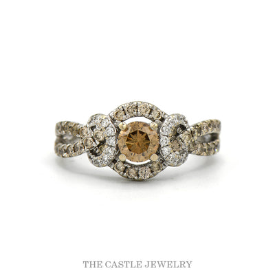 14k white gold cocoa and white diamond halo ring — top view