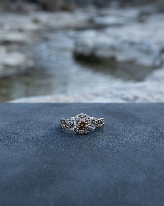 1cttw Cocoa & White Diamond Halo Ring with Interwoven Sides in 14k White Gold
