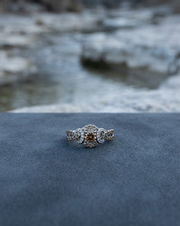 1cttw Cocoa & White Diamond Halo Ring with Interwoven Sides in 14k White Gold