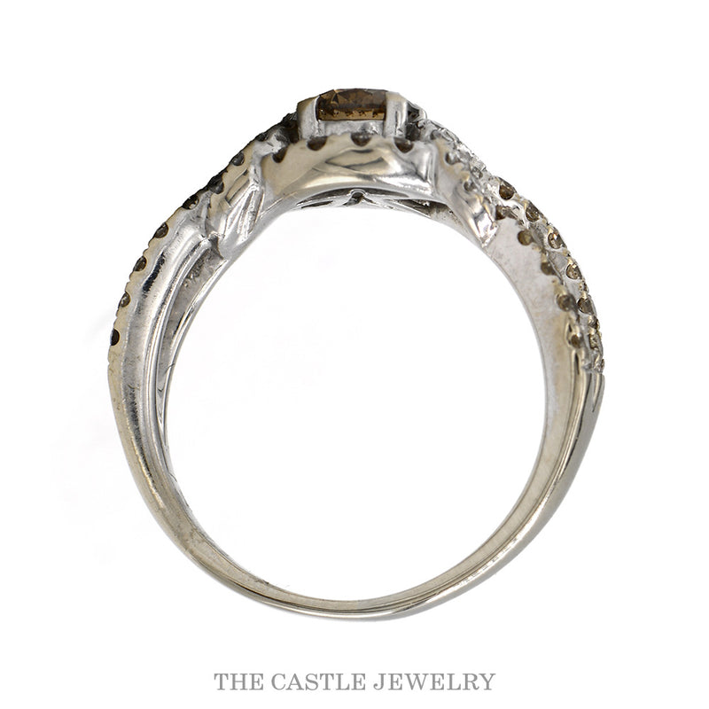 Front-facing view of the cocoa and white diamond halo ring with a crossing split shank in 14k white gold