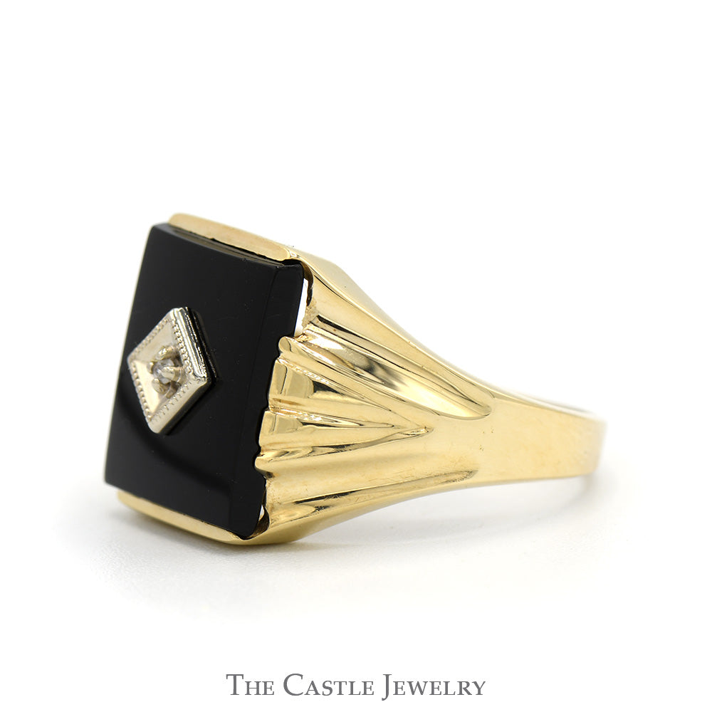 Rectangular Black Onyx Ring with Diamond Accent in 10k Yellow Gold