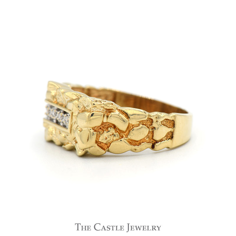 Nugget Style Ring with Row of Diamond Accents in 10k Yellow Gold