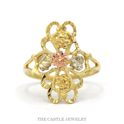 14k tri-color gold filigree navette ring — top view