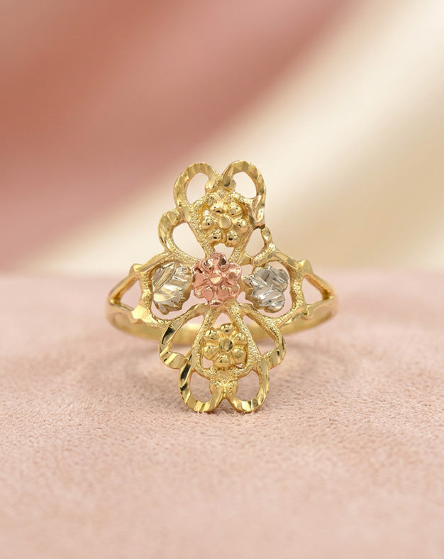 Tri-Color Gold Filigree Navette Ring with Floral Accents in 14k Gold