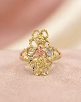 Tri-Color Gold Filigree Navette Ring with Floral Accents in 14k Gold