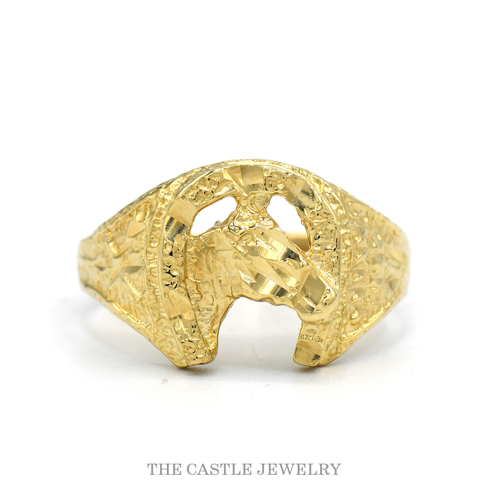 Men's Horseshoe Ring with Horse Head Center in 10k Yellow Gold