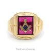 Square & Compass Masonic Ring on Synthetic Red Stone in 10k Yellow Gold - Thumbnail 1