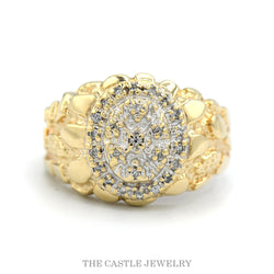 10K Yellow Gold Oval Shaped Diamond Cluster Ring with Nugget Sides