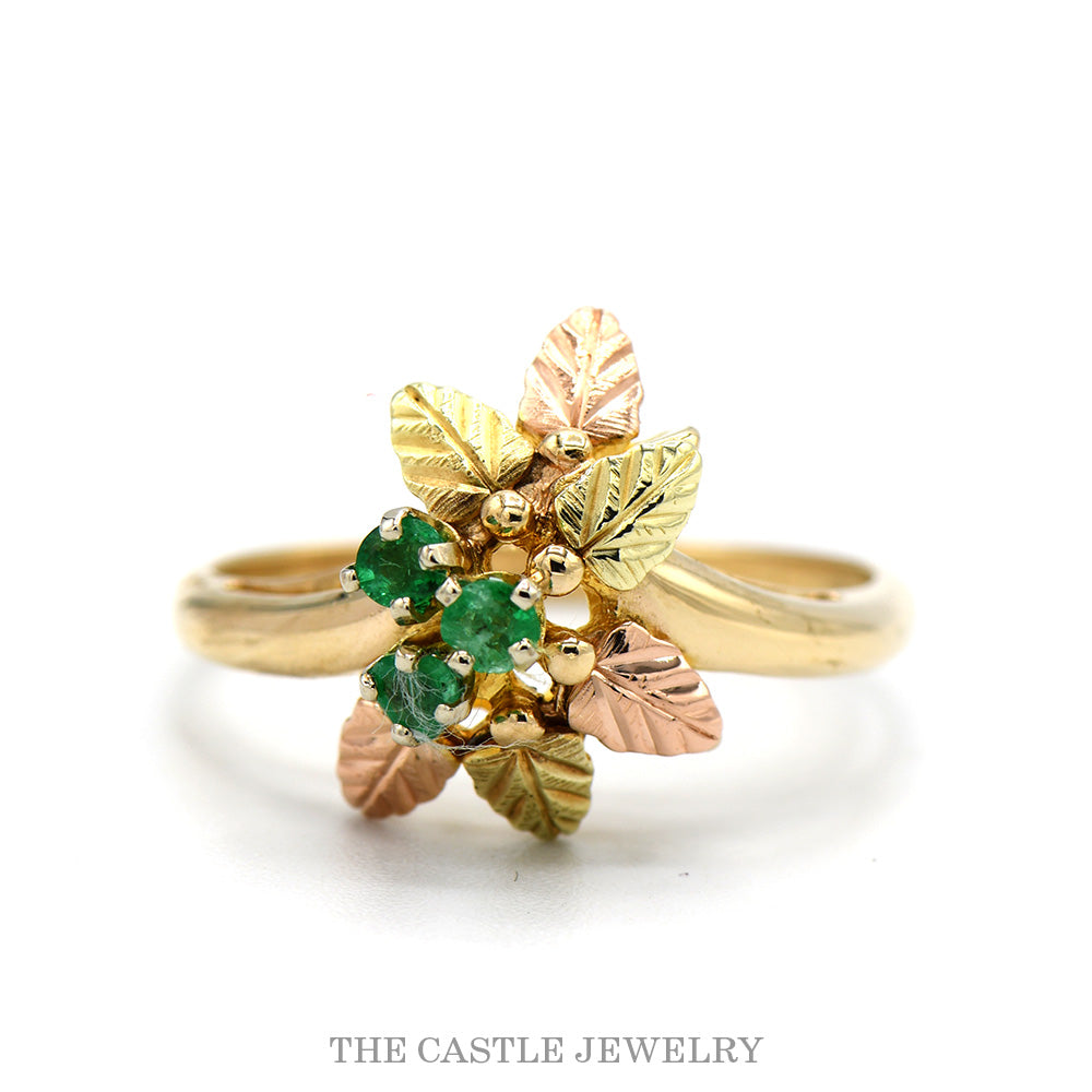 10K Two Tone Yellow & Rose Gold Emerald Cluster Leaf Design Black Hills Style Ring