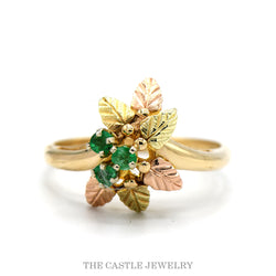 10K Two Tone Yellow & Rose Gold Emerald Cluster Leaf Design Black Hills Style Ring