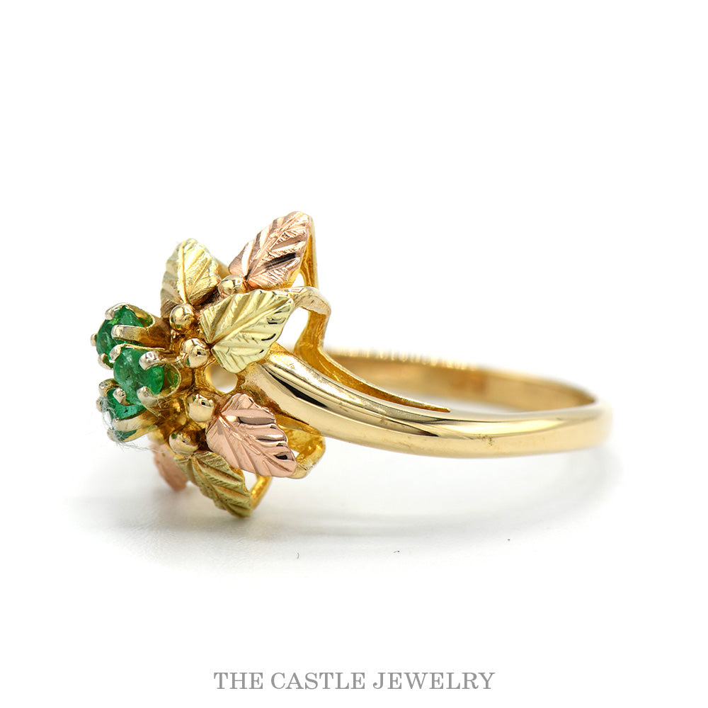 10K Two Tone Yellow & Rose Gold Emerald Cluster Leaf Design Black Hills Style Ring