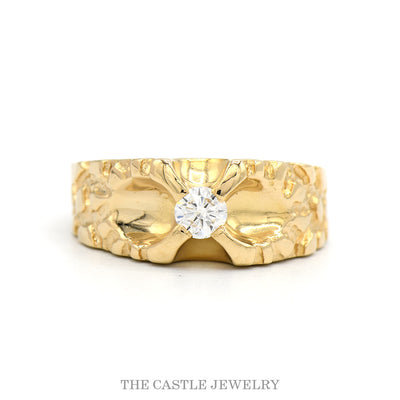 Round Diamond Solitaire Men's Ring with Textured Nugget Sides in 14k Yellow Gold