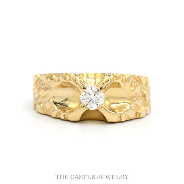 Round Diamond Solitaire Men's Ring with Textured Nugget Sides in 14k Yellow Gold