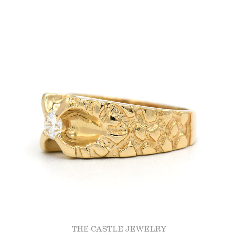 Round Diamond Solitaire Men's Ring with Textured Nugget Sides in 14k Yellow Gold