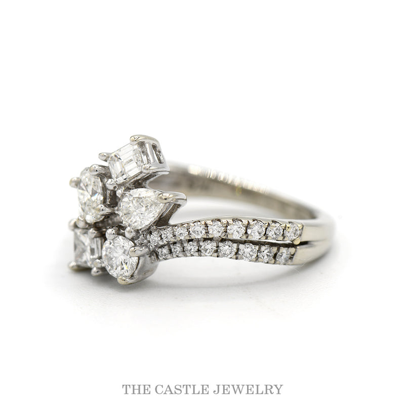 Multi Shaped Diamond Cluster Ring with Accented Split Sides in 10k White Gold