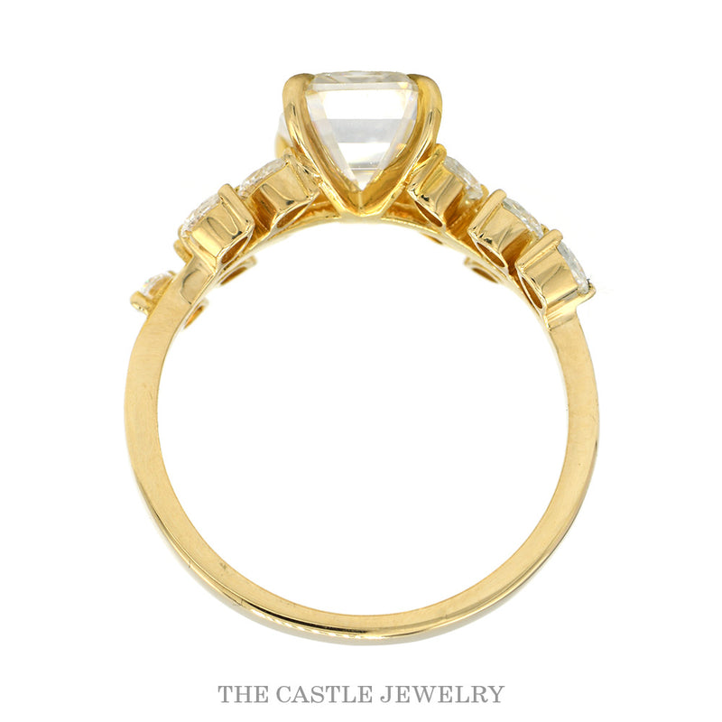 Emerald Cut Moissanite Ring with Pear Cut Moissanite Leaf Designed Accented Sides in 10k Yellow Gold