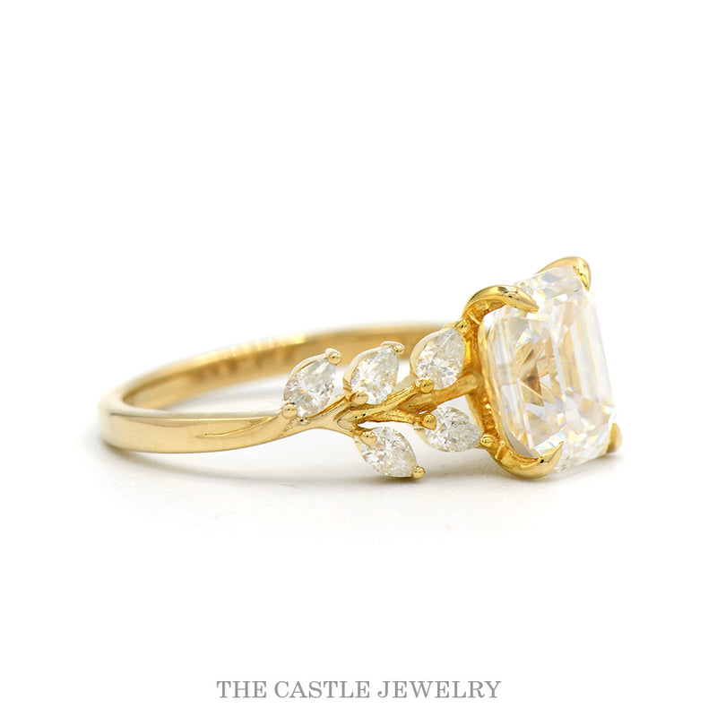 Emerald Cut Moissanite Ring with Pear Cut Moissanite Leaf Designed Accented Sides in 10k Yellow Gold
