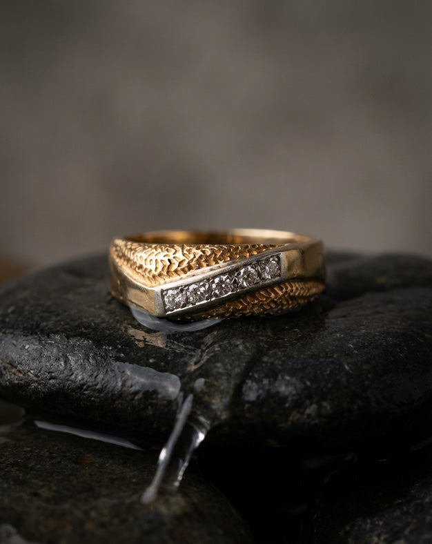 Diagonal Diamond Channel Men's Ring with Nugget-Textured Two-Tone Shoulders in 10k Gold