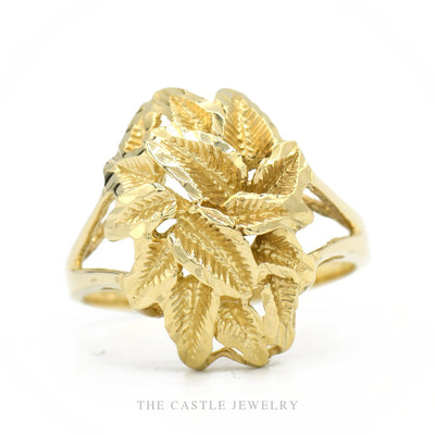 14k yellow gold sculptural laurel leaf cluster ring with diamond-cut facets — top view