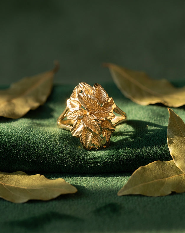 Sculptural Laurel Leaf Cluster Ring with Diamond-Cut Facets and Split Shank in 14k Yellow Gold
