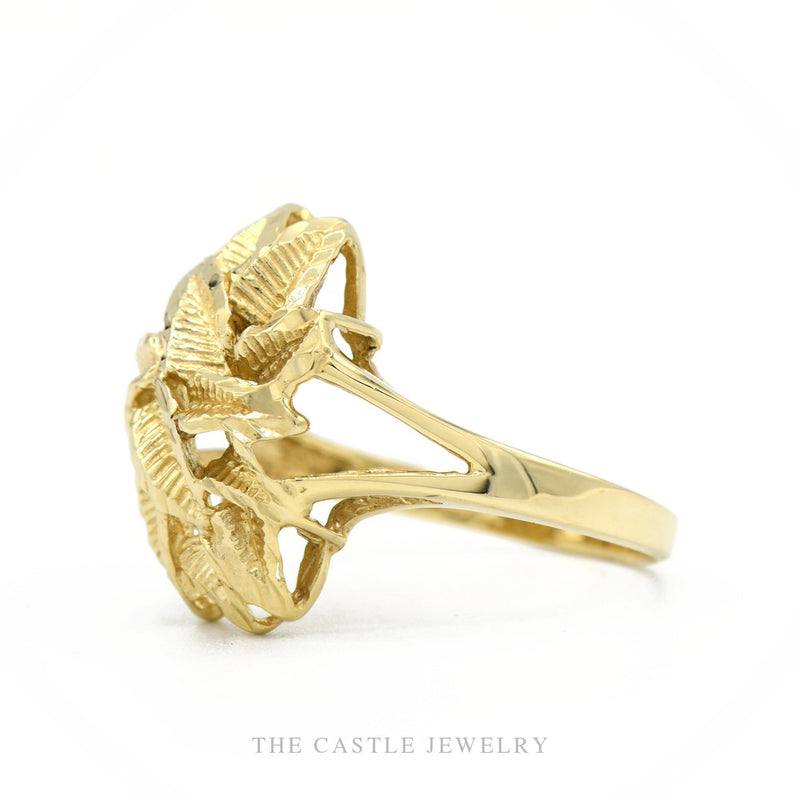 Side profile of the 14k yellow gold laurel leaf ring showing cluster height and split shank