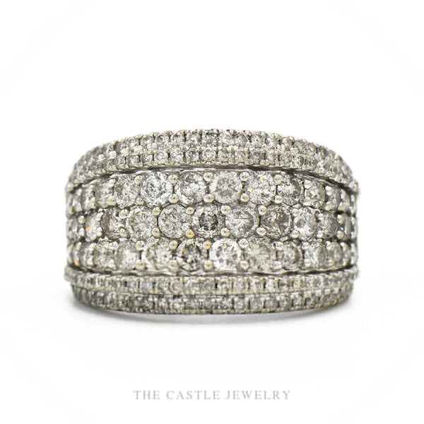 10k white gold multi-row round diamond cluster band with wider center row — top view