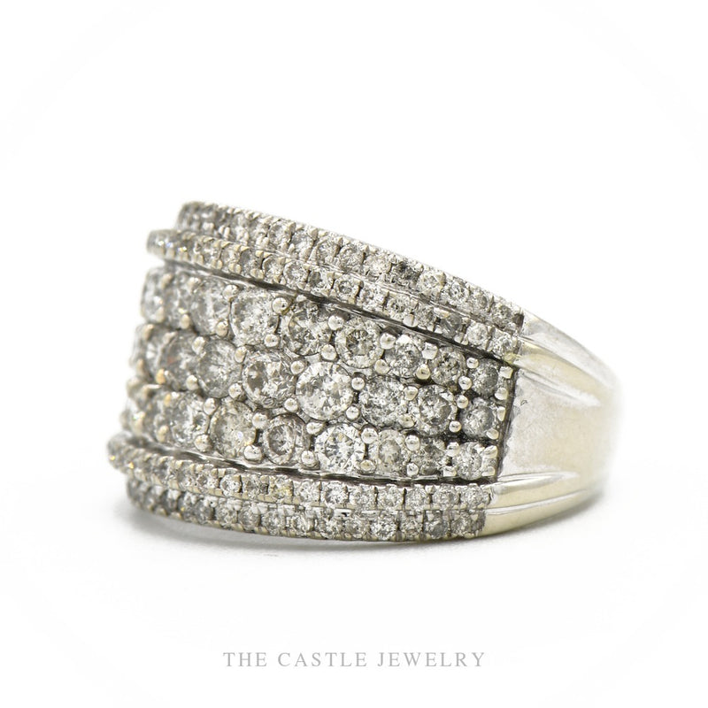 Side profile of the 10k white gold multi-row diamond band showing band width and cluster height