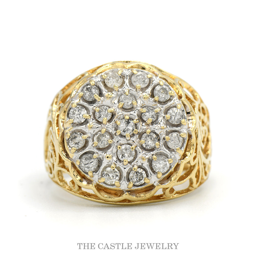 3/4cttw Round Diamond Kentucky Cluster Ring with Open Filigree Sides in 10k Yellow Gold