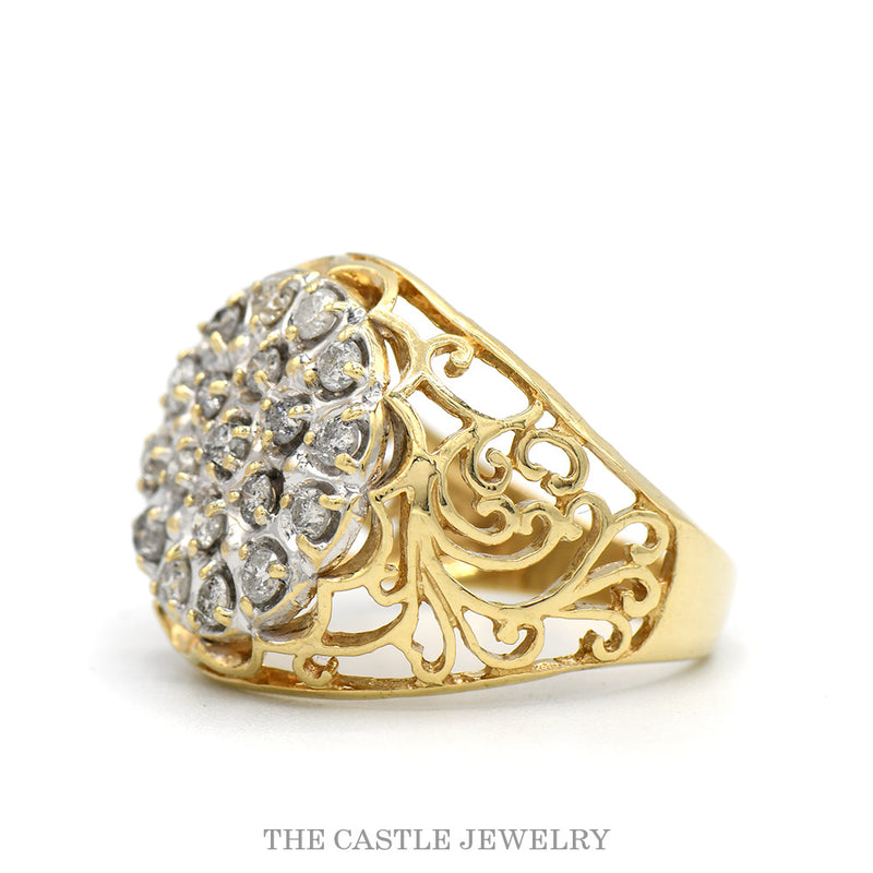 3/4cttw Round Diamond Kentucky Cluster Ring with Open Filigree Sides in 10k Yellow Gold