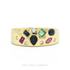 14k yellow gold cigar band scattered with flush-set sapphire, ruby, emerald, and diamond — top view - Thumbnail 1