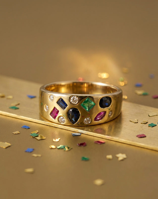 Scattered Sapphire Ruby Emerald and Diamond Multi-Gem Cigar Band in 14k Yellow Gold