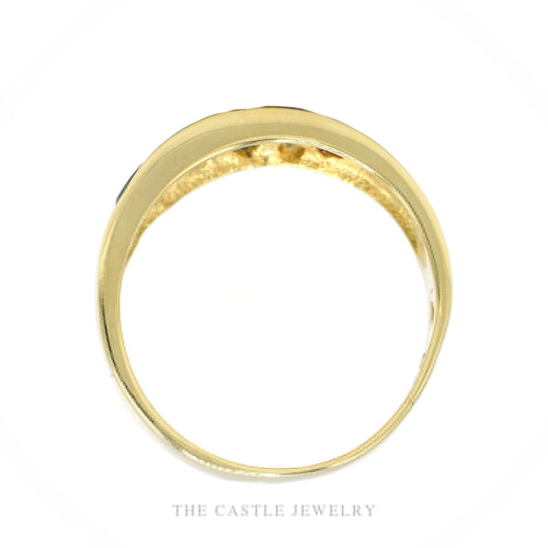 Front-facing view of the 14k yellow gold multi-gem scattered cigar band