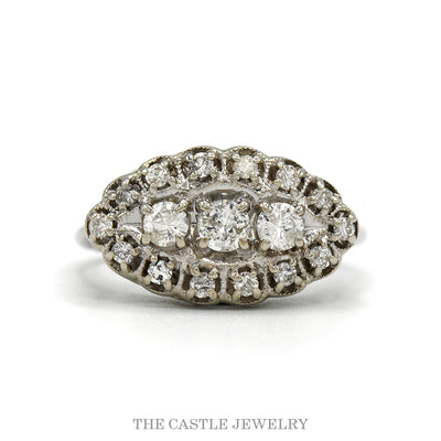14k white gold three stone round diamond oval cluster ring — top view