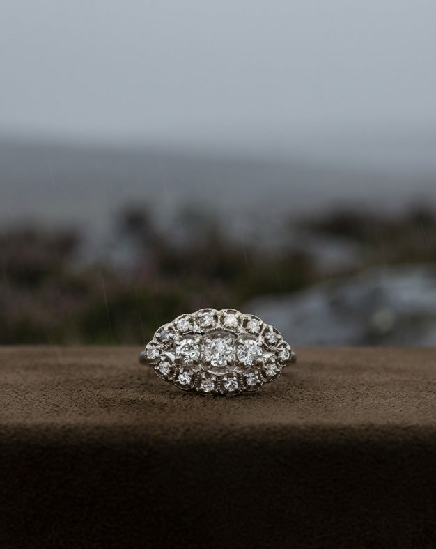 Scalloped 3/4cttw Diamond Cluster Ring with Three Stone Center in 14k White Gold