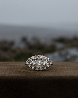 Scalloped 3/4cttw Diamond Cluster Ring with Three Stone Center in 14k White Gold