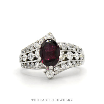 14k white gold oval rhodolite garnet ring with diamond bypass sides — top view