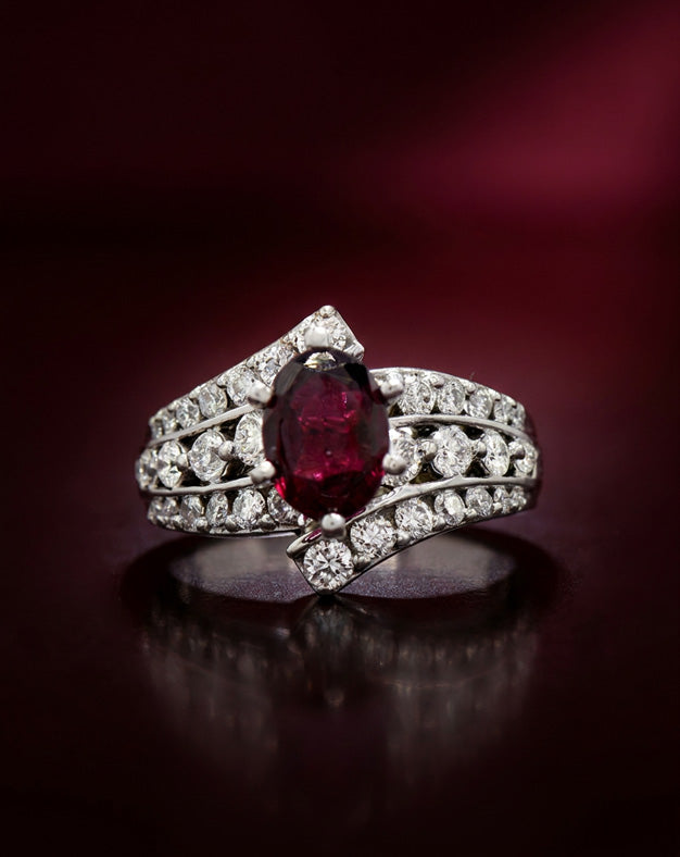 Oval Rhodolite Garnet Ring with 1.00ctw Diamond Bypass Sides in 14k White Gold