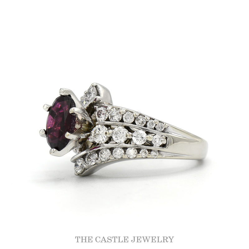 Side profile of the 14k white gold rhodolite garnet ring