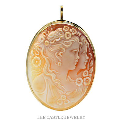 14k yellow gold oval double portrait cameo pin and pendant — front view