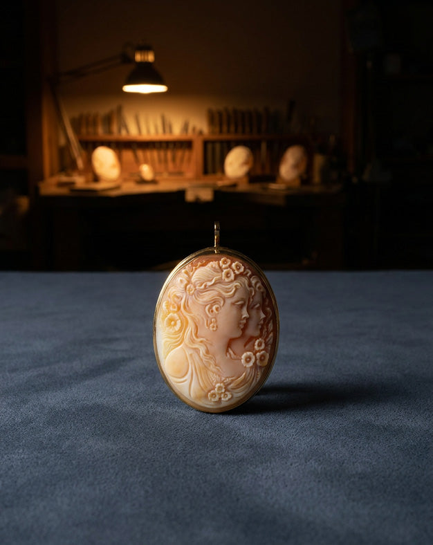 Oval Double Portrait Cameo Pin/Pendant Combo in 14k Yellow Gold