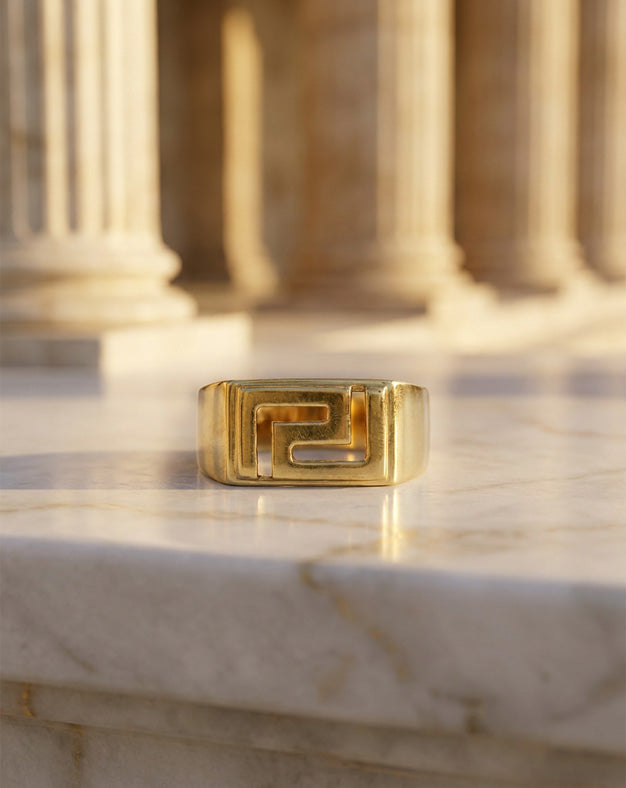 Men's Greek Key Design Ring with Openwork Meander in 14k Yellow Gold