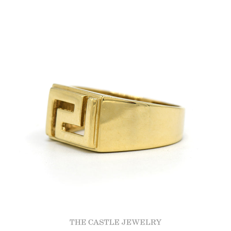 Side profile of the 14k yellow gold Greek key ring