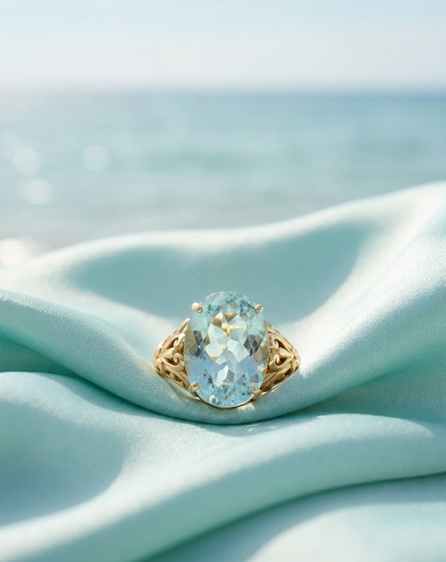 Large Oval Blue Topaz Ring with Filigree Sides in 10k Yellow Gold