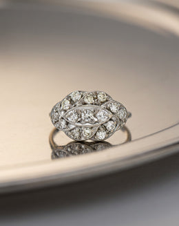 1cttw Round Brilliant Diamond Oval Cluster Ring with Milgrain Leaf Design in 14k White Gold