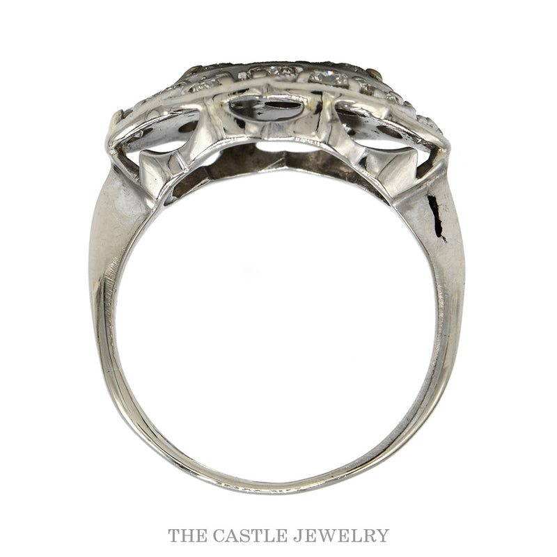 Front-facing view of the 14k white gold vintage diamond cluster ring