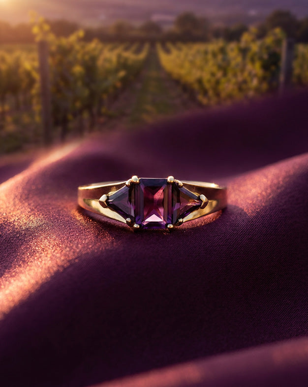 Emerald Cut Rhodolite Garnet Three Stone Ring with Trillion Sides in 14k Yellow Gold