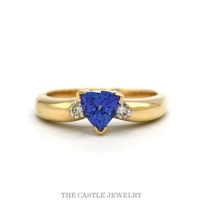Le Vian trillion cut tanzanite ring with diamond shoulders in 14k yellow gold — top view